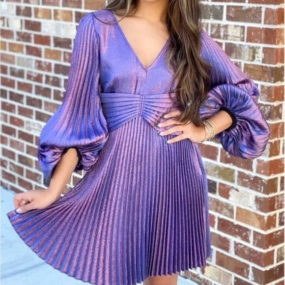 New Alden Adair Elegant Purple Pleated Glittery Dopamine Dress $338 - Picture 4 of 5